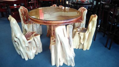 檜木圓桌+原木靠背椅
