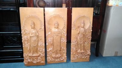 香斐木浮雕西方三聖掛飾